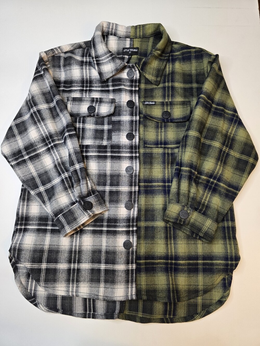 Little Trouble Split Plaid Button-Up Shirt Jacket - Black & Olive Green